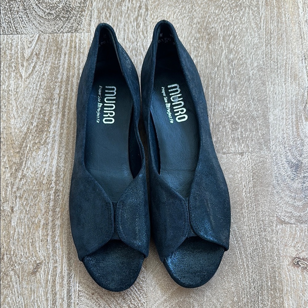 Munro American Metallic Black Suede Peep Toe Flats Shoes Women Tess